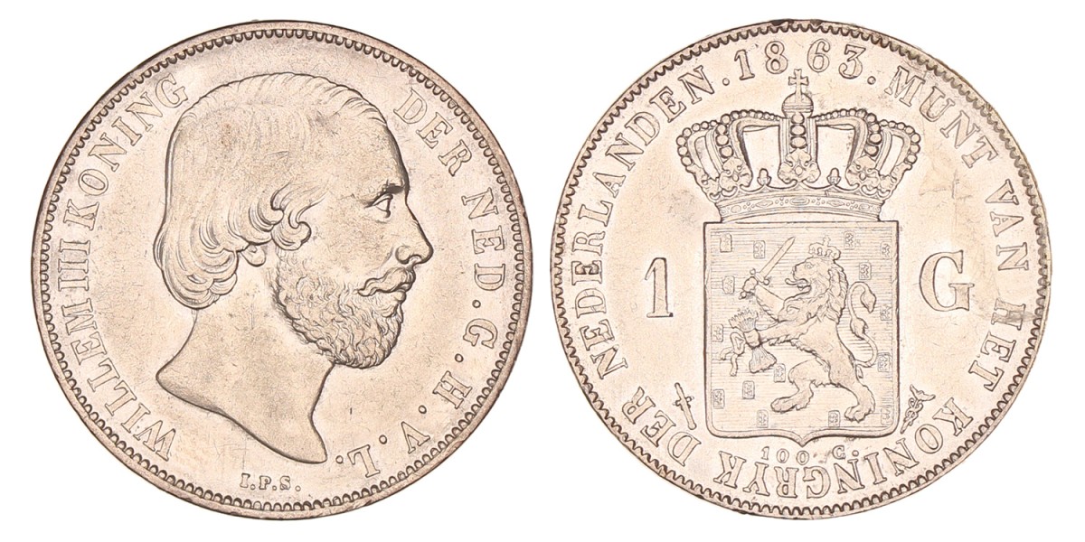 1 Gulden. Willem III. 1863. Prachtig +.