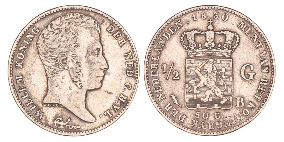 ½ Gulden. Willem I. 1830 B. Zeer Fraai +.