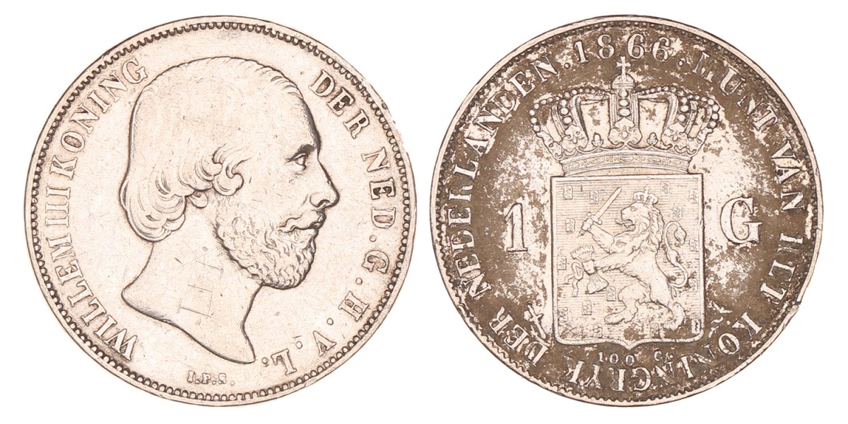 1 Gulden. Willem III. 1866. Zeer Fraai / Prachtig.