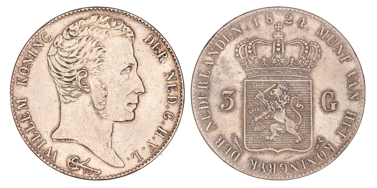 3 Gulden. Willem I. 1824. Zeer Fraai / Prachtig.