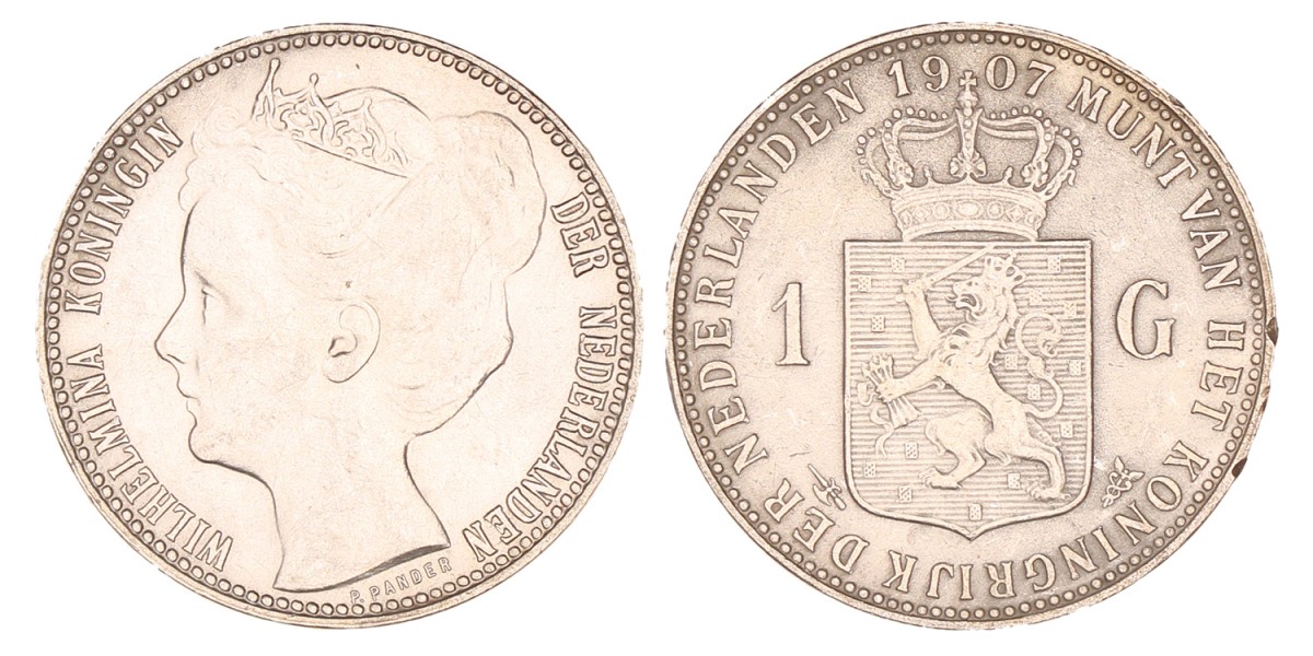 1 Gulden. Wilhelmina. 1907. Zeer fraai +.