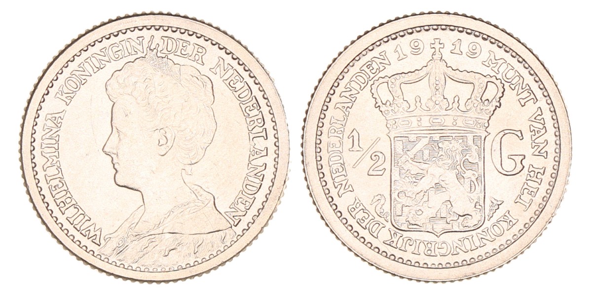 ½ Gulden. Wilhelmina. 1919. UNC.