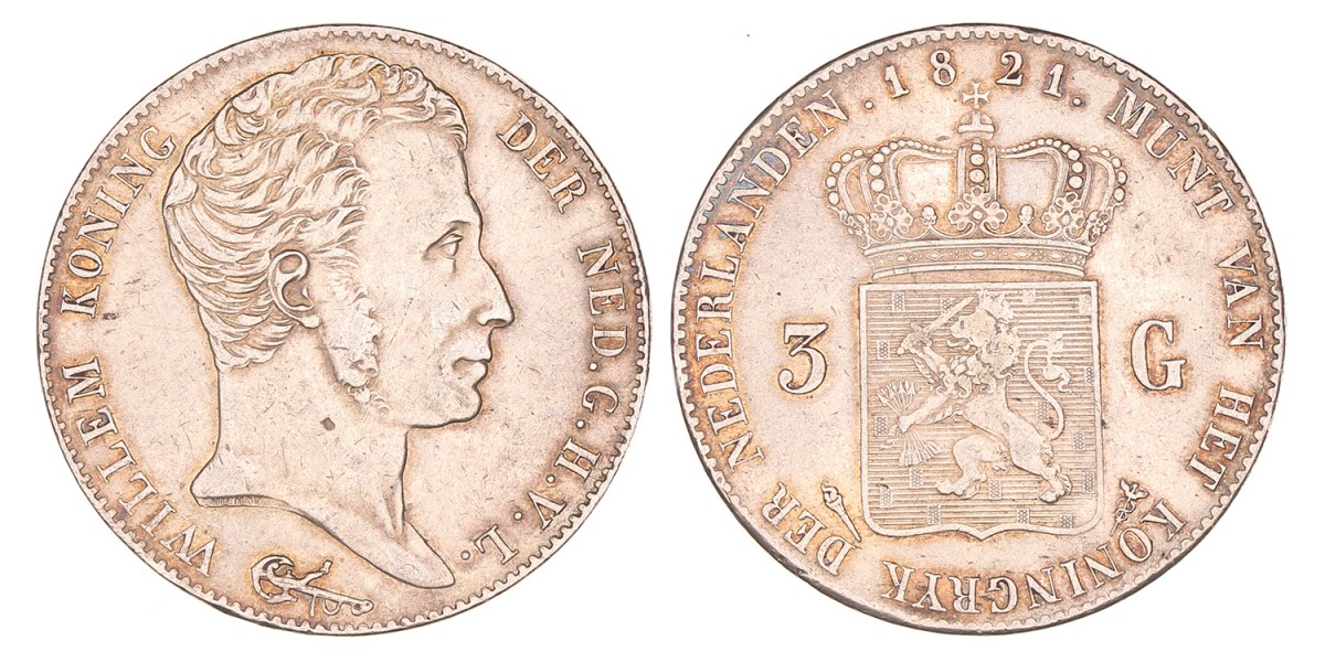 3 Gulden zonder volledige naam van Michaut. Utrecht. Willem I. 1821. Zeer Fraai / Prachtig.