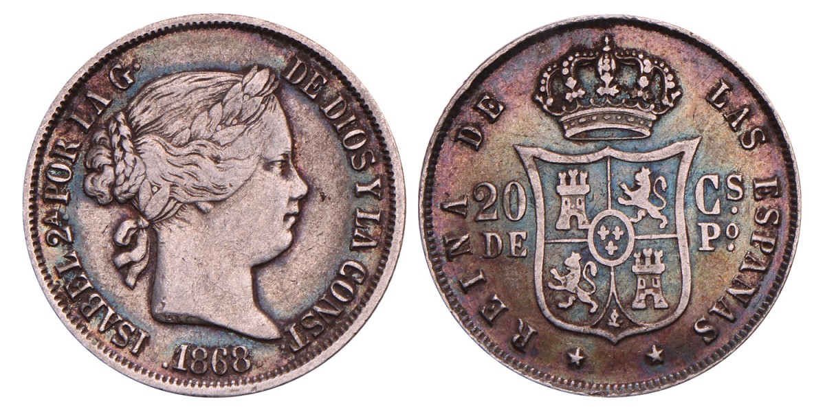 Philippines. Spanish Colony. Isabel II. 20 Centimos. 1868.