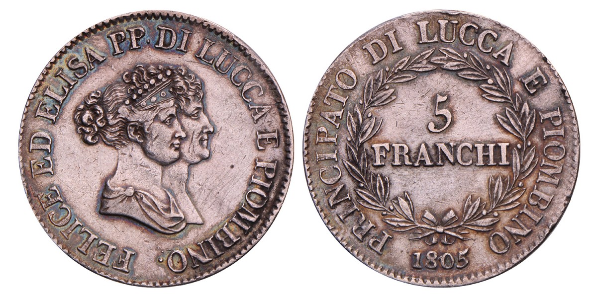 Italian States. Lucca. Felix and Elisa. 5 Franchi. 1805.