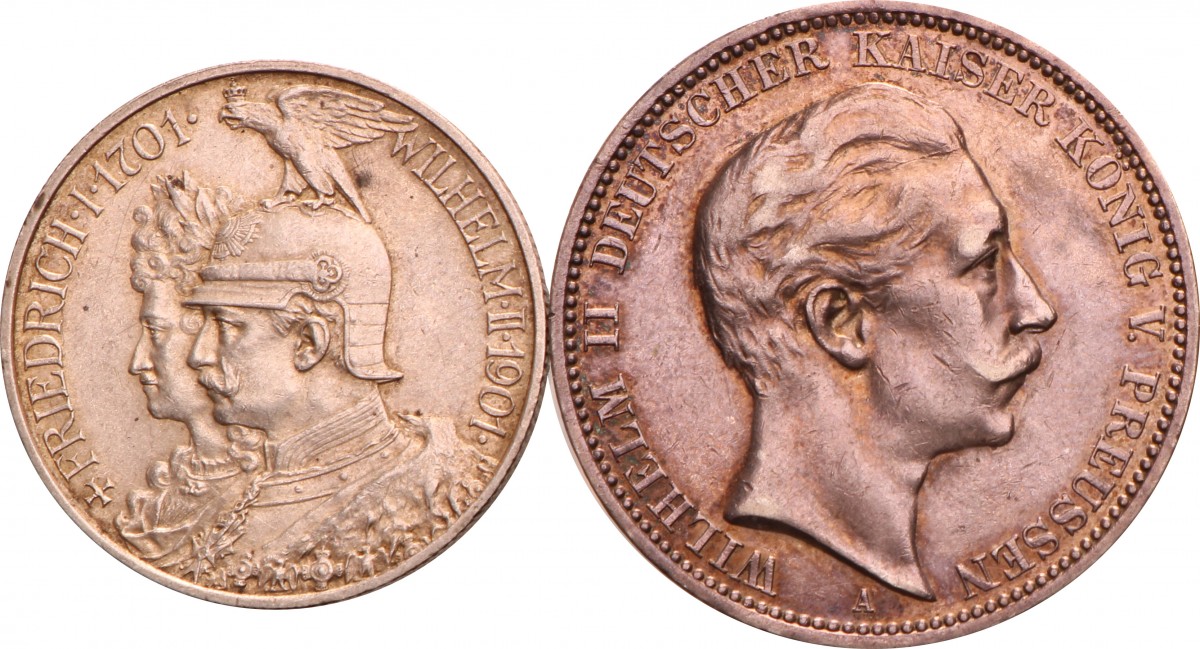 German states. Prussia. Wilhelm II. Lot (2) 2 and 3 Mark. 1901 and 1910 A.