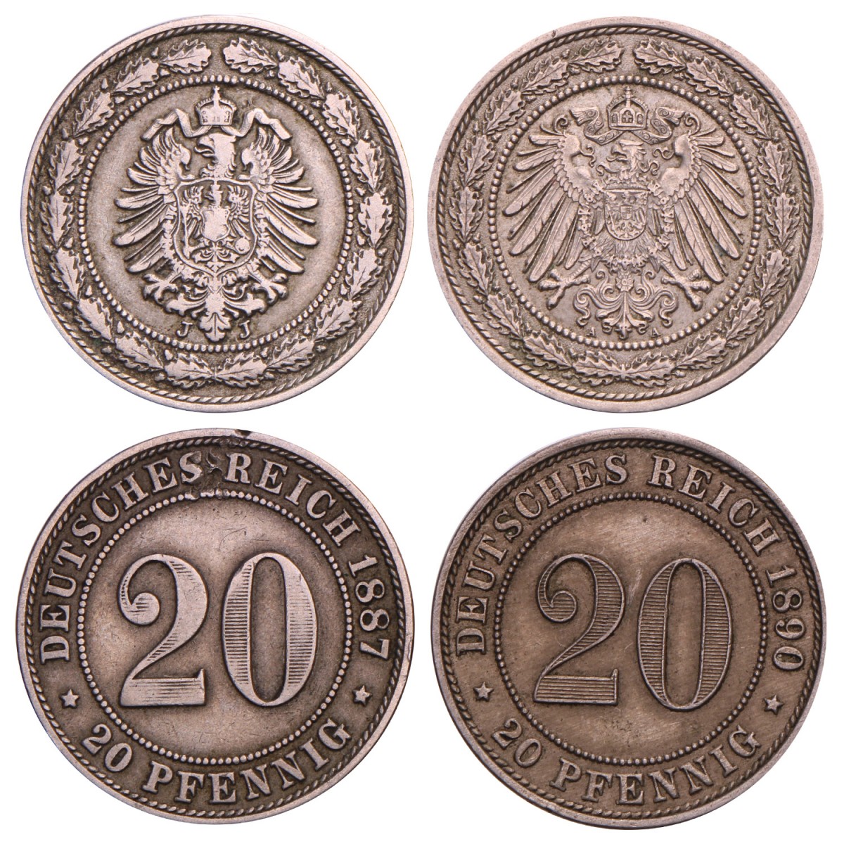 Germany. Empire. Lot (2) 20 Pfennig. 1887 J - 1890 A.