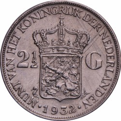 2½ Gulden. Wilhelmina. 1932 Grofhaar. Zeer Fraai.