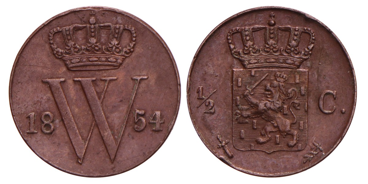 ½ Cent. Willem III. 1854. Prachtig.