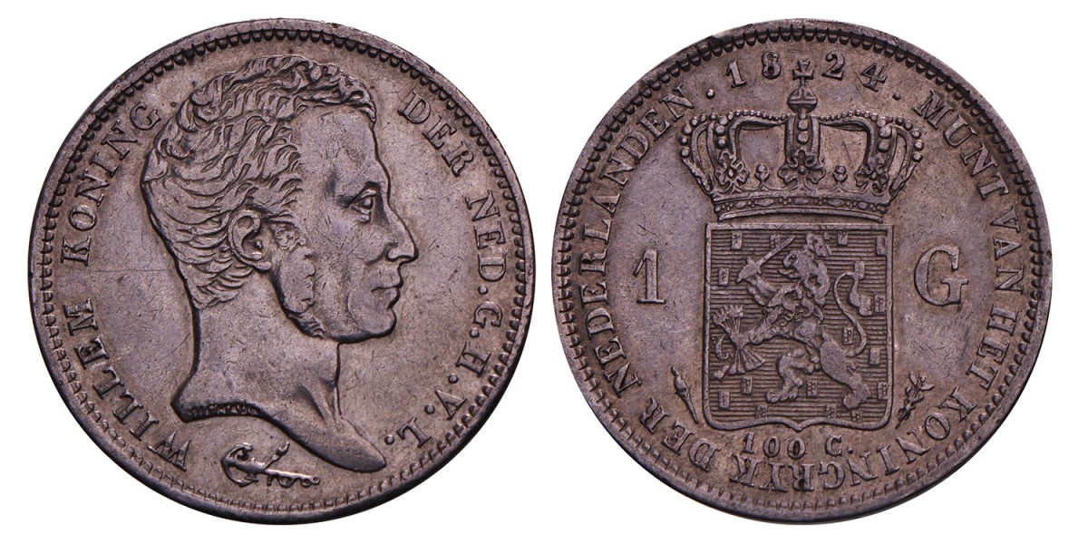 1 Gulden. Willem I. 1824 U. Zeer Fraai.