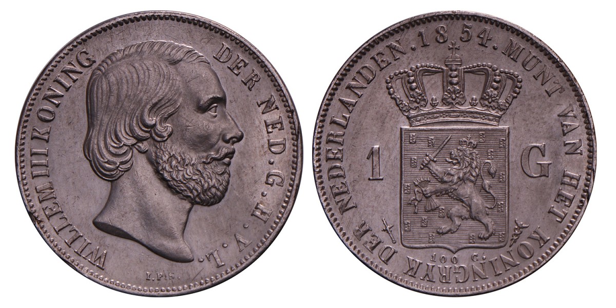 1 Gulden. Willem III. 1854. UNC -.