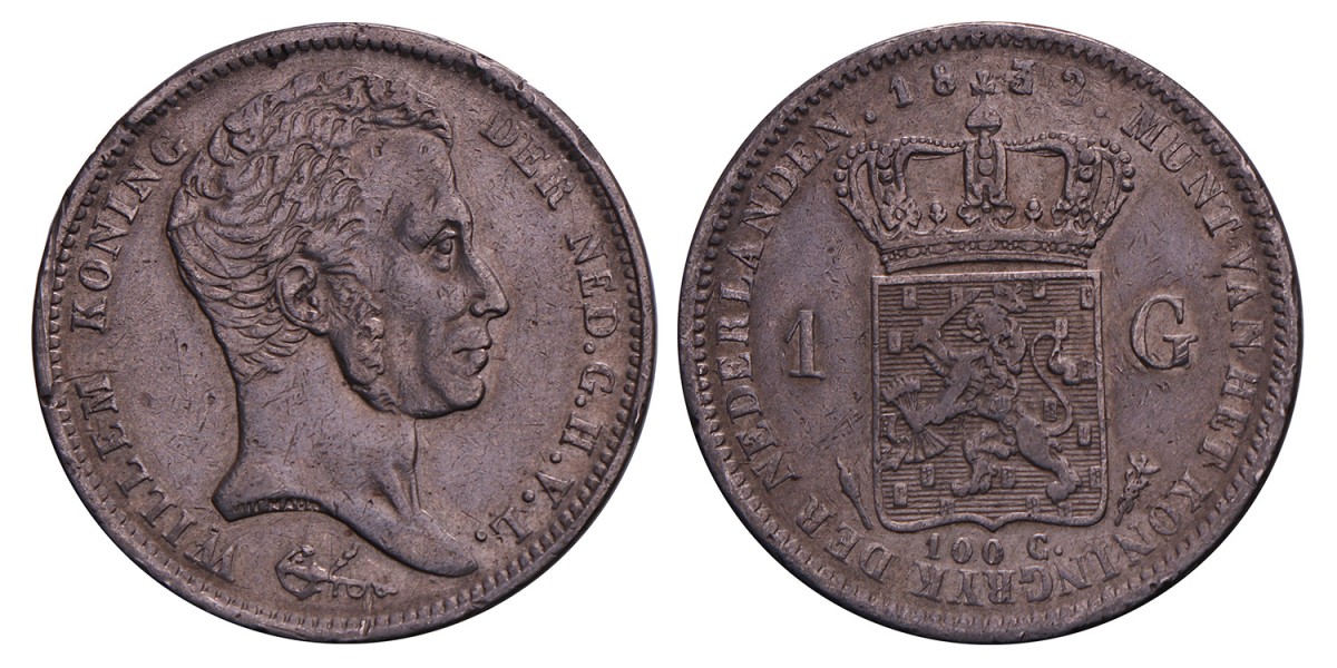 1 Gulden. Willem I. 1832/22. Zeer Fraai -.