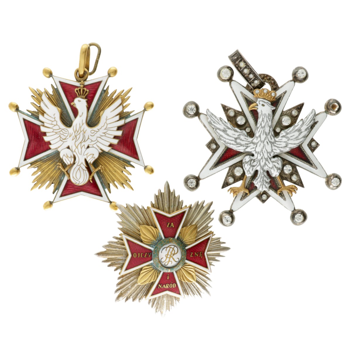 Poland. N.D. Lot (3) 2 crosses of the order of the white eagle and 1 breaststar.