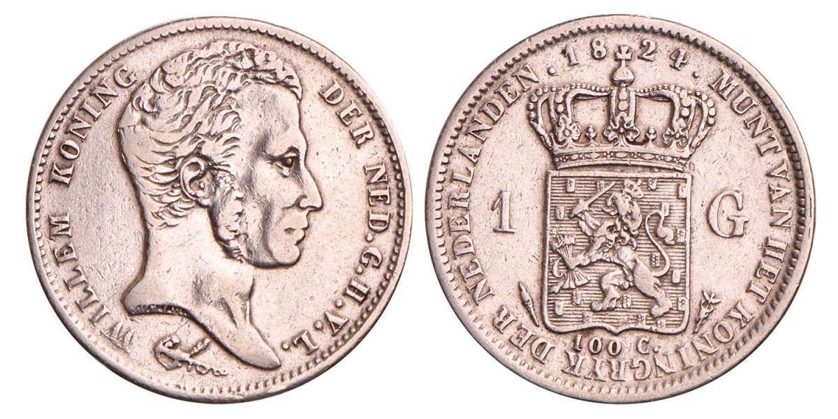 1 Gulden. Willem I. 1824 met streepje. Zeer Fraai.