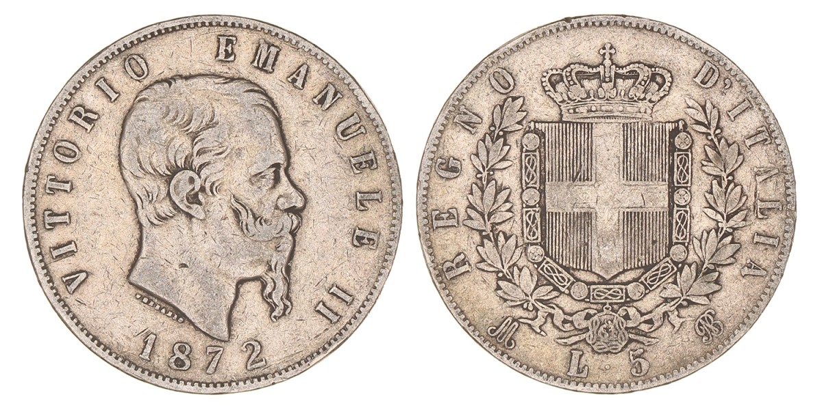 Italy. Victor Emmanuel II. 5 Lire. 1872. VF +.