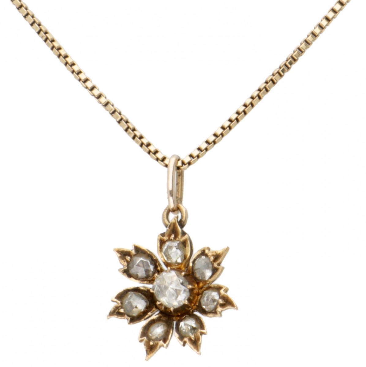 Vintage 14 kt. geelgouden collier en bloemvormige hanger bezet met diamant.