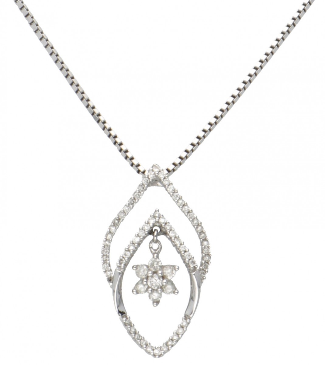 14 kt. Witgouden collier en hanger bezet met ca. 0.36 ct. diamant.