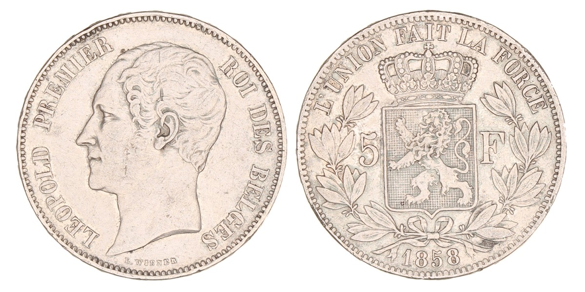 Belgium. Leopold I. 5 Francs. 1858.