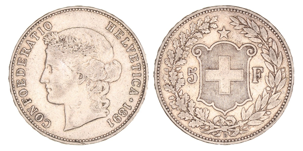 Switzerland. 5 Francs. 1891.