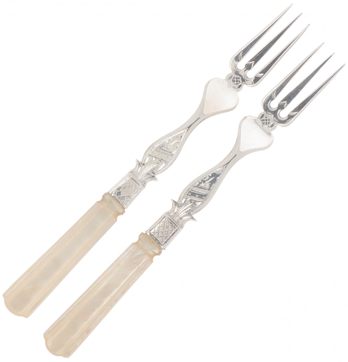 (2) delige set vleesvorkjes parelmoer / zilver.