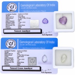 Twee GLI-gecertificeerde natuurlijke paarse (4.10 ct.) en groene amethist (1.90 ct.).