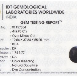 IDT-gecertificeerde natuurlijke saffier 442.95 ct.