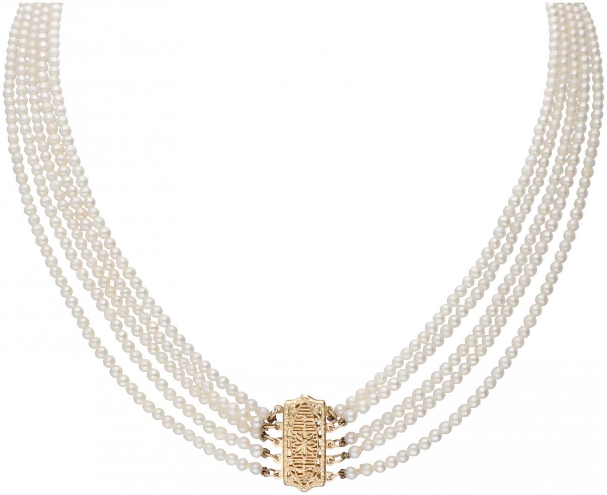 Vijfrijig vintage zoetwaterparel-collier met een 14 kt. geelgouden sluiting.