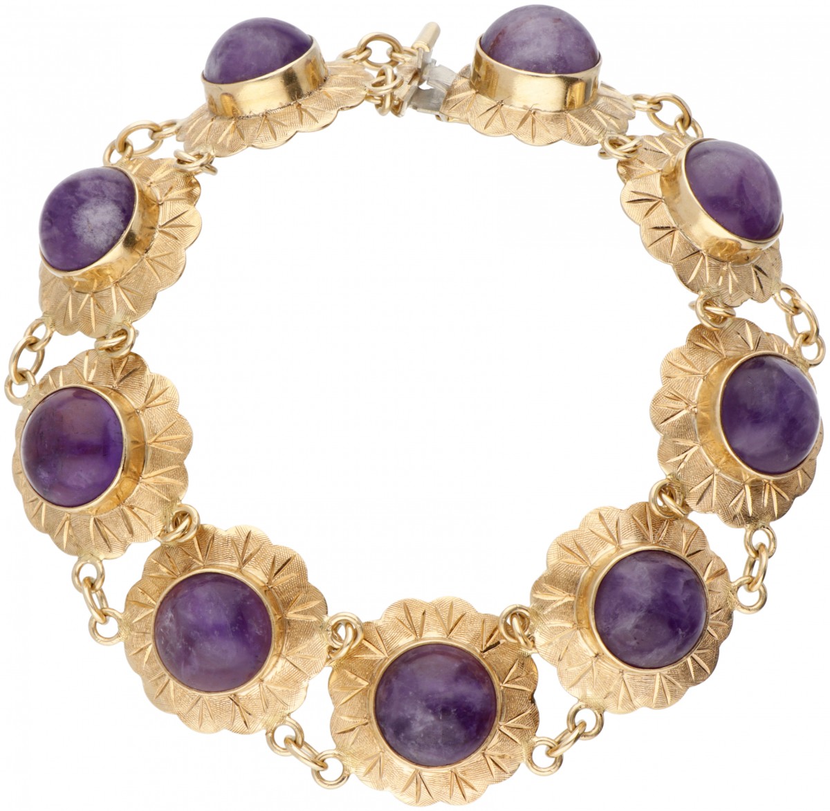14 kt. Geelgouden vintage armband bezet met ca. 17.55 ct. amethist.