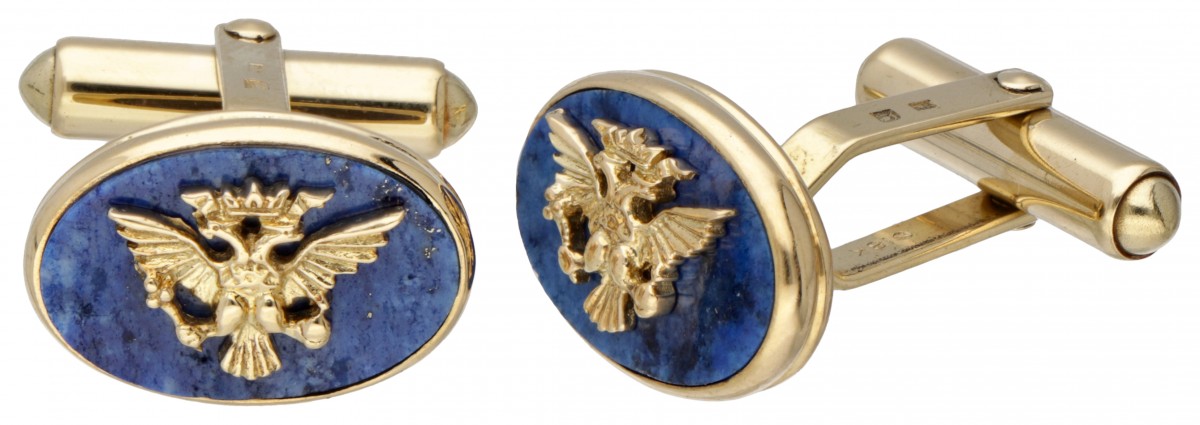 18 kt. Geelgouden Franklin Mint Fabergé lapis lazuli manchetknopen met de 'Imperial Eagle'.