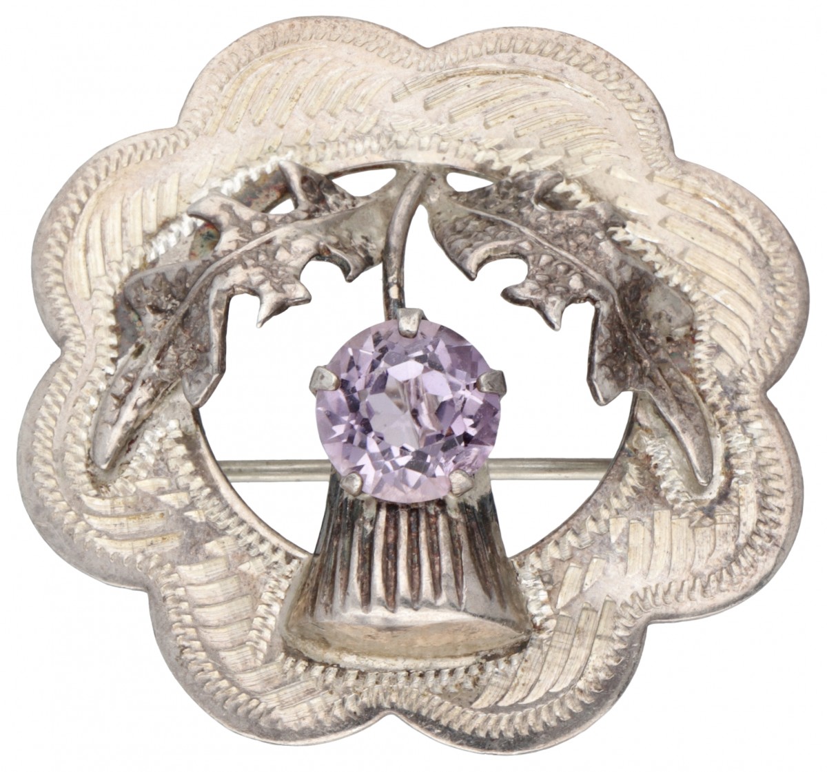 Sterling zilveren vintage Schotse distel broche bezet met paarse siersteen.