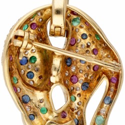 18 kt. Geelgouden vintage panter hanger / broche bezet met ca. 0.43 ct. diamant en natuurlijke robijn, saffier en smaragd.