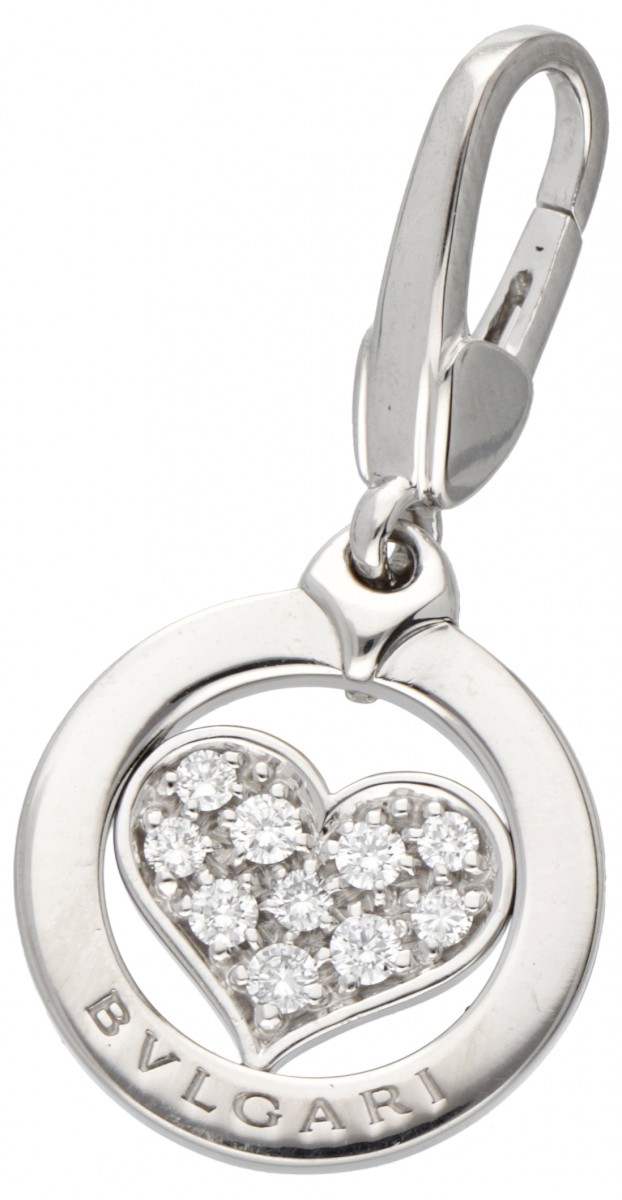 18 kt. Witgouden Bvlgari 'Tondo Heart Charm' hanger bezet met ca. 0.10 ct. diamant.