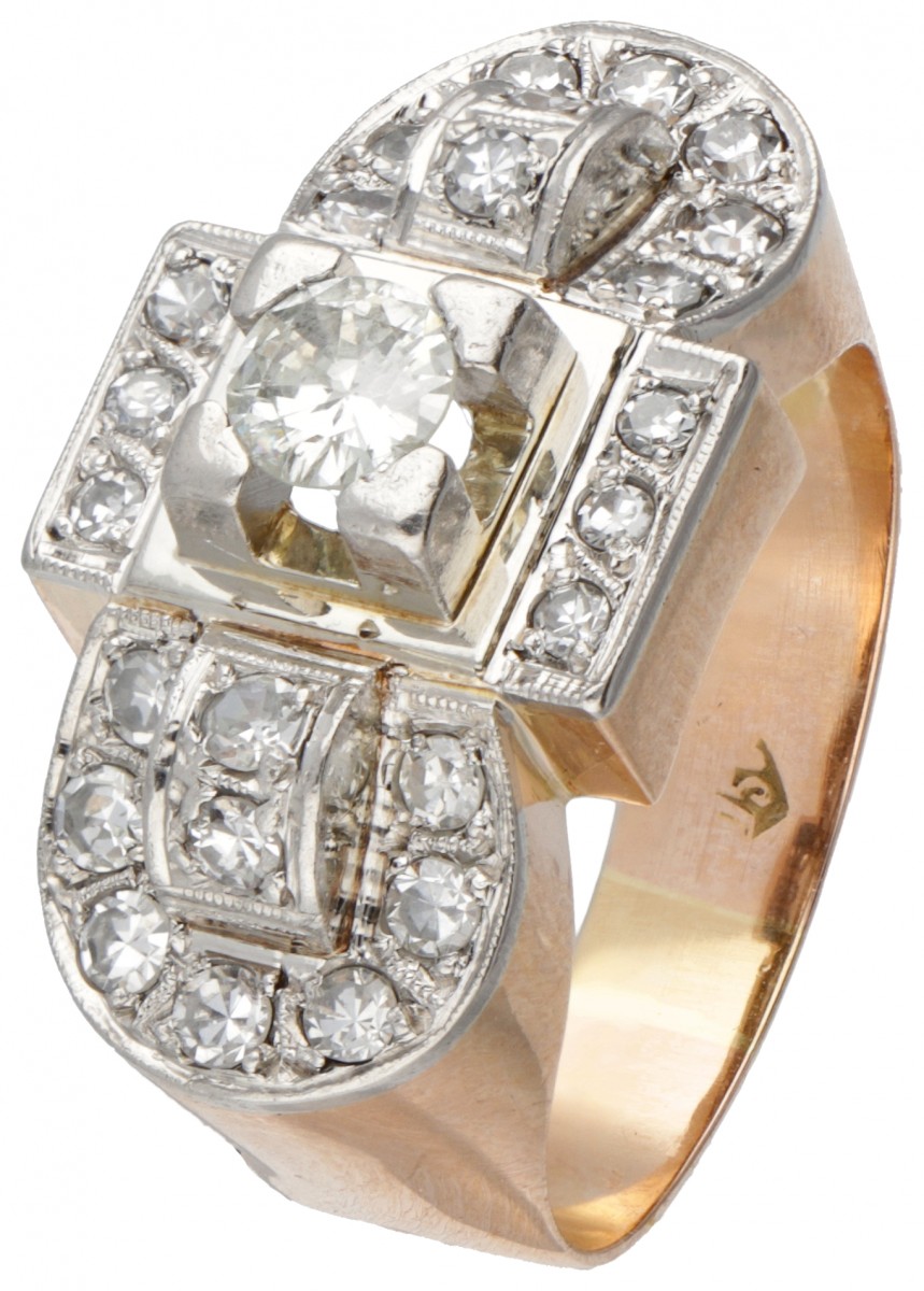18 kt. Roségouden retro tank ring bezet met ca. 0.73 ct. diamant.