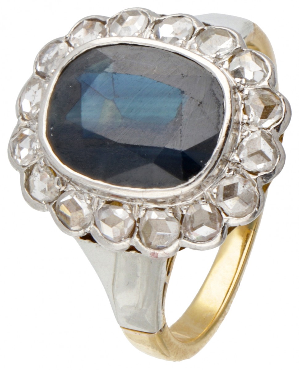 18 kt. Geelgouden en Pt 900 platina antieke rozet ring bezet met ca. 3.06 ct. natuurlijke saffier en diamant.