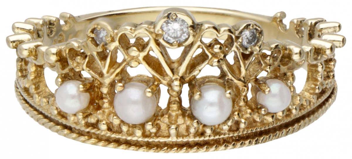 18 kt. Geelgouden Franklin Mint 'Prinses Diana Tiara' ring bezet met diamant en zaadparels.