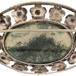 800 Zilveren vintage broche met bloemen en bezet met ca. 9.92 ct. mosagaat.