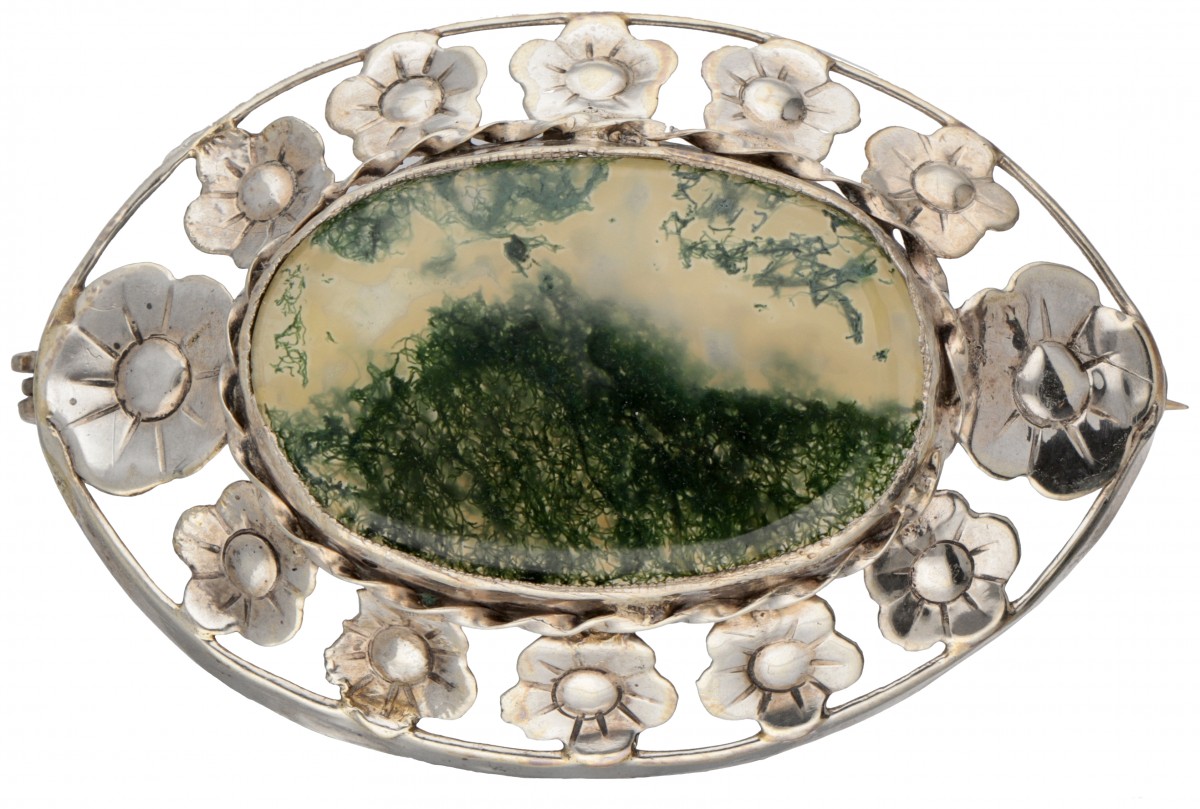 800 Zilveren vintage broche met bloemen en bezet met ca. 9.92 ct. mosagaat.