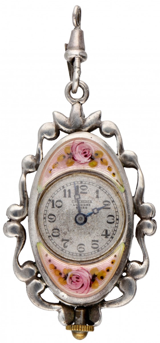 Sterling zilveren antieke C. Bucherer horloge hanger met guilloche emaille en markasieten.