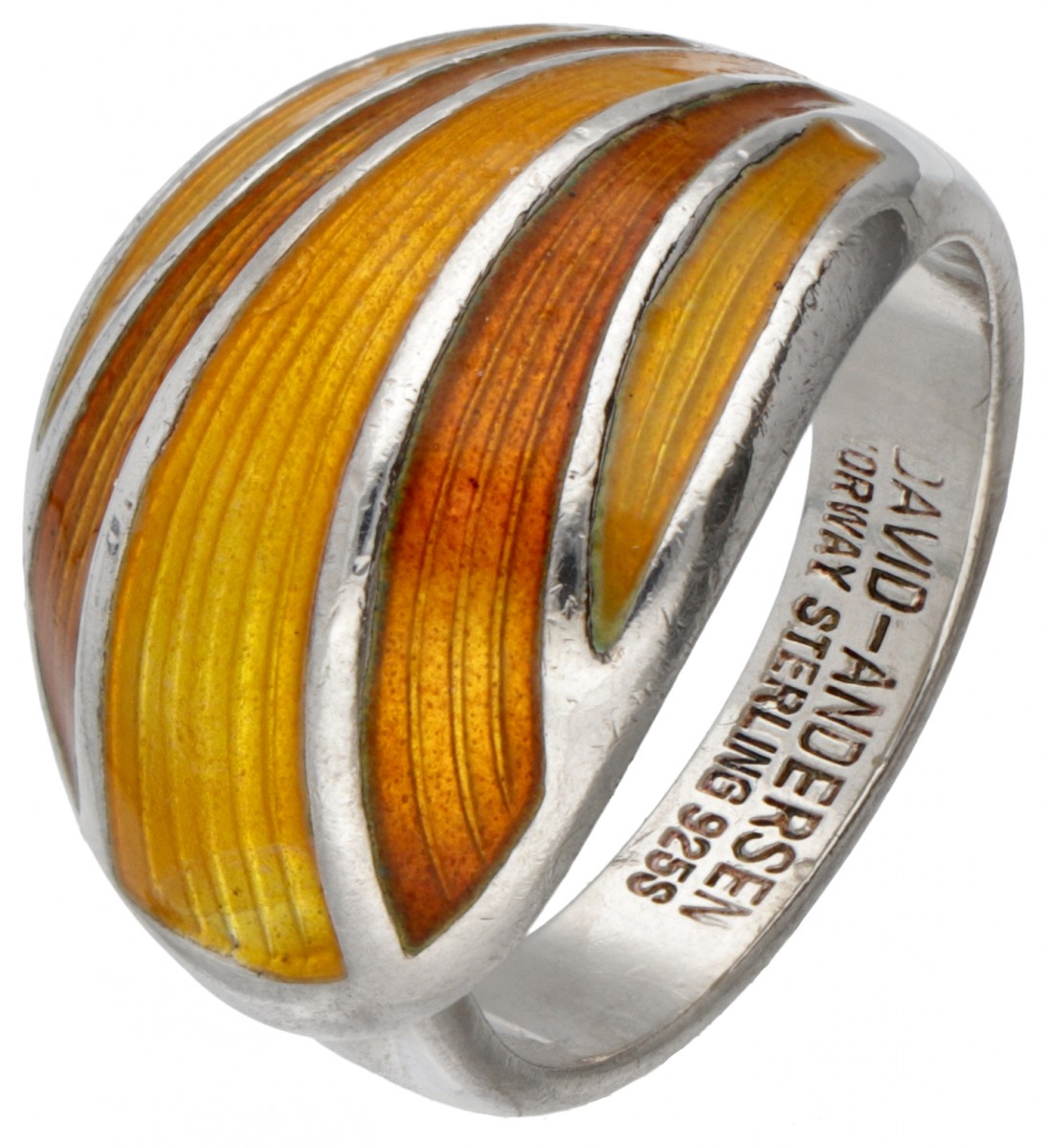 Sterling zilveren oranje geëmailleerde ring door Noorse designer David Andersen.
