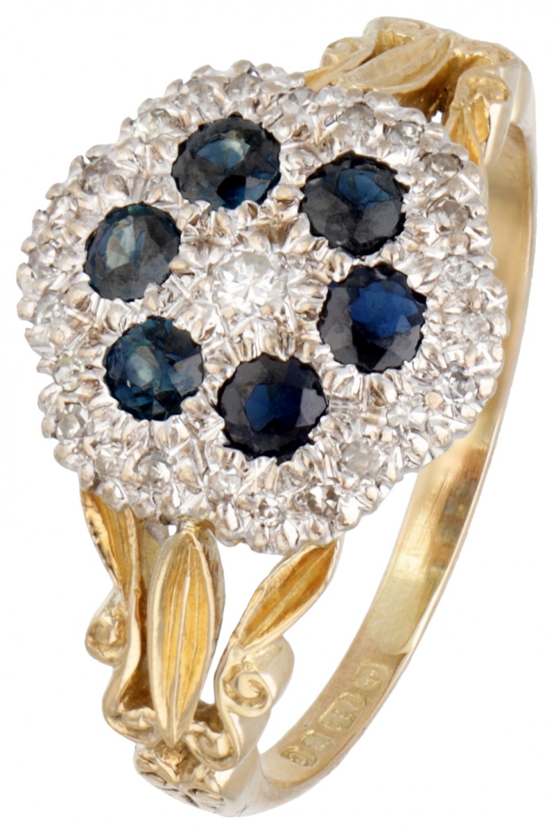 18 kt. Geelgouden vintage target ring bezet met ca. 0.14 ct. diamant en saffier.