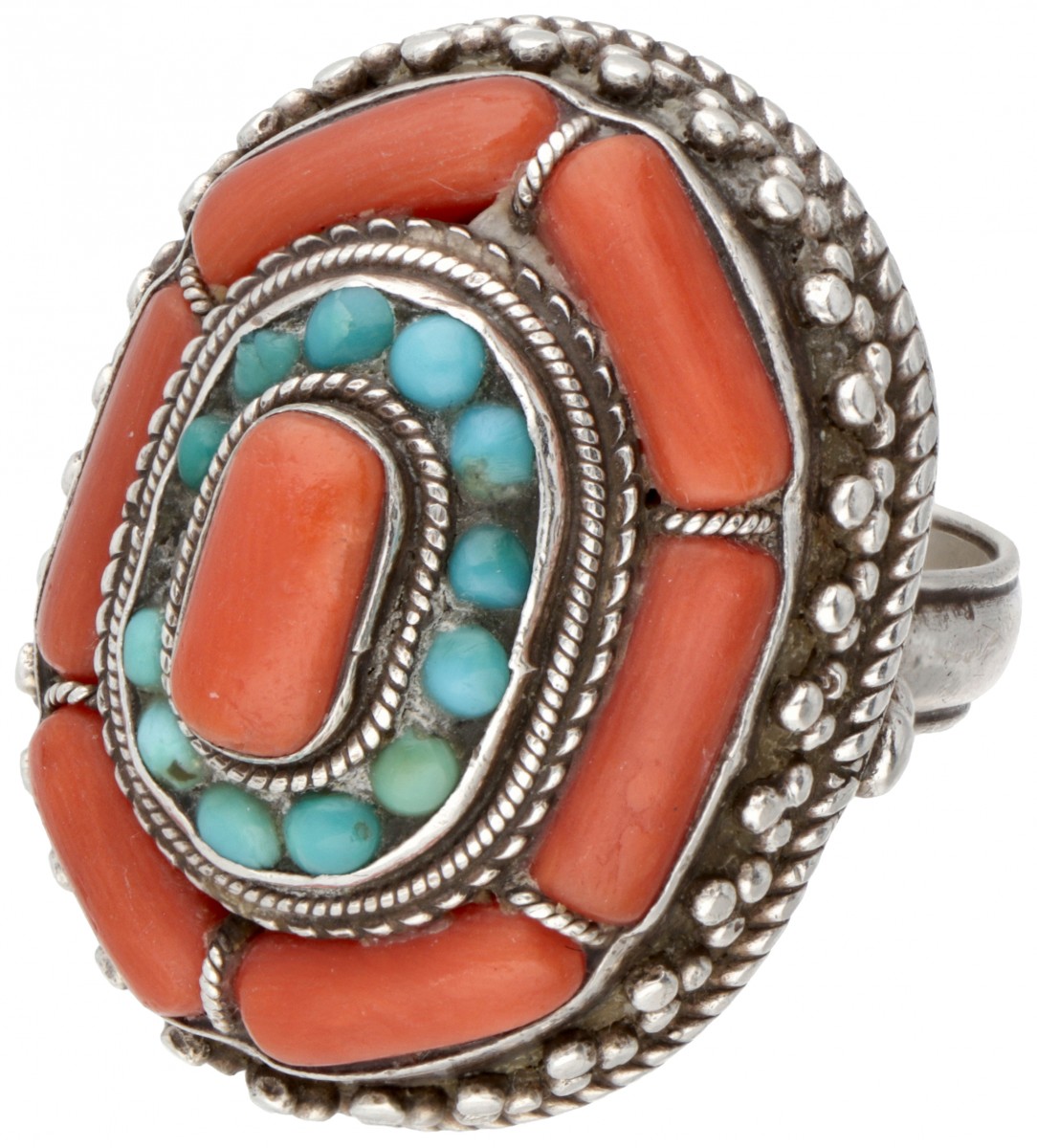 Sterling zilveren Navajo ring bezet met bloedkoraal en turkoois.