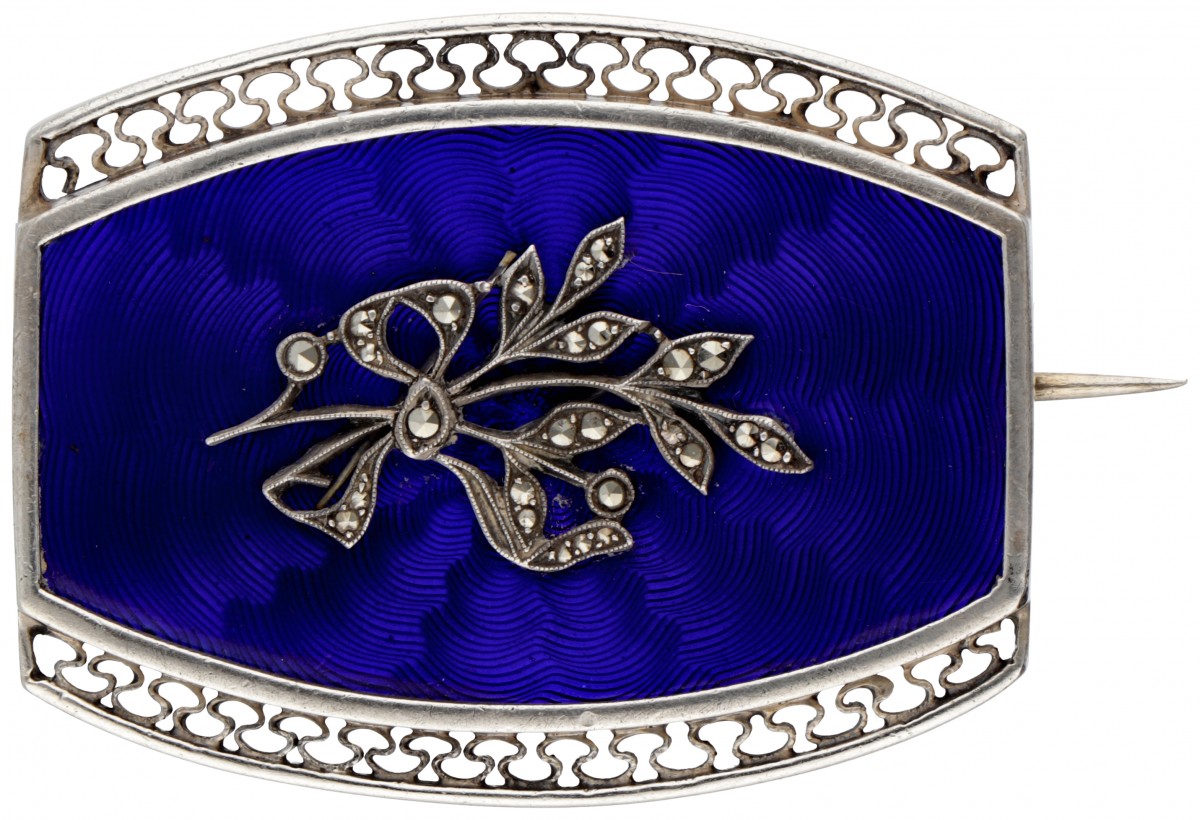 Sterling zilveren vintage broche met blauwe guilloche emaille en markasiet.