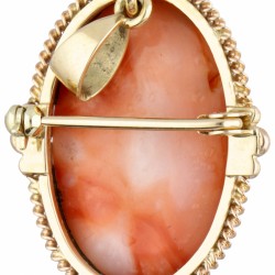 14 kt. Geelgouden vintage broche / hanger met gesneden bloedkoraal en diamant.