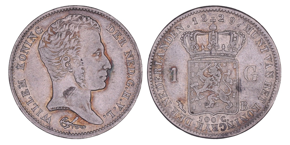 1 Gulden. Willem I. 1829 B. Zeer Fraai +.