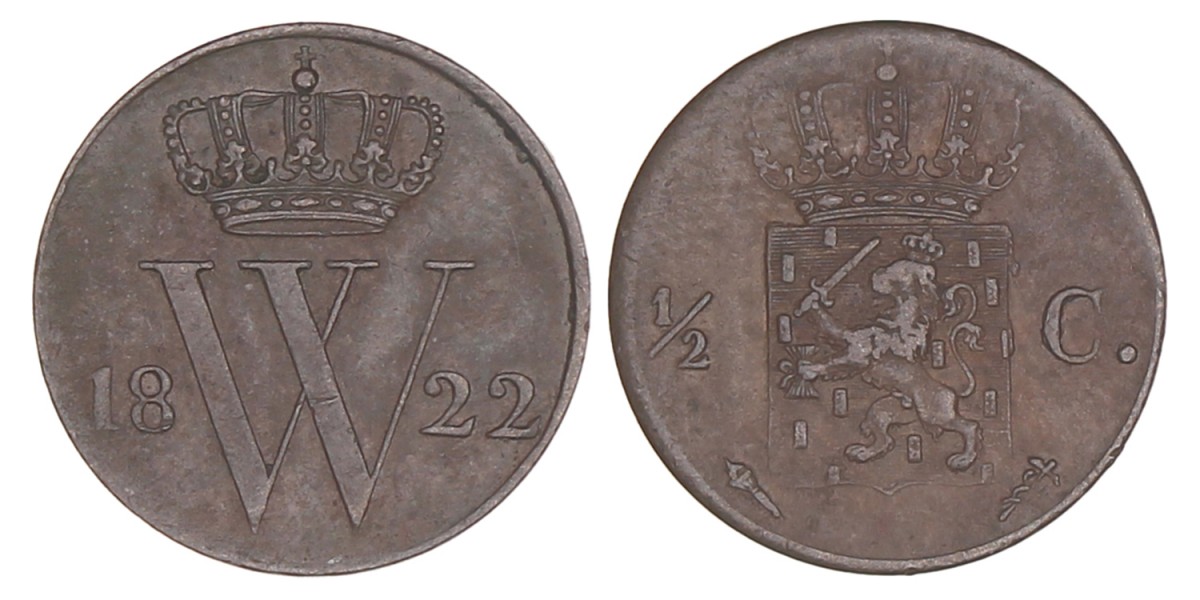 VERWIJDEREN UIT DROP ½ Cent. Willem I. 1822 U. Zeer Fraai +.