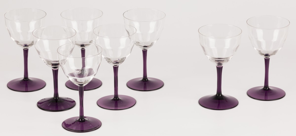 W.J. Rozendaal (Scherpenzeel 1899 – 1971 Wassenaar), Een (8) delige set art deco wijnglazen, model 'Logos', Kristalunie Maastricht, Holland, 1929.