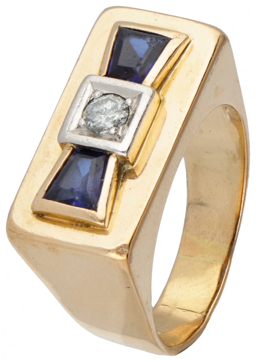 14 kt. Geelgouden tank ring bezet met ca. 0.15 ct. diamant en synthetische saffier.