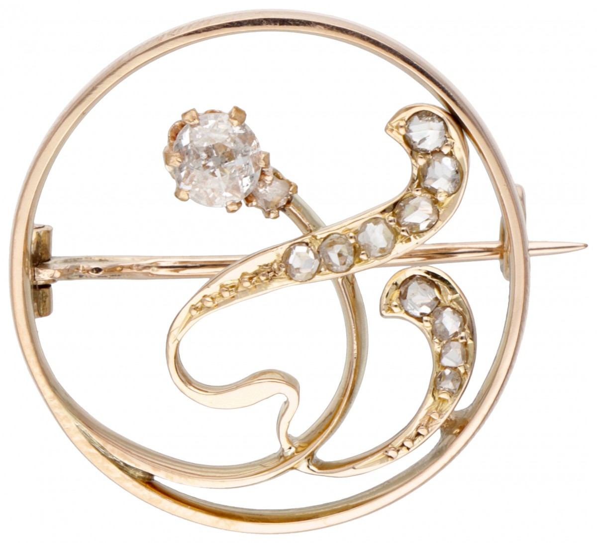 14 kt. Roségouden antieke broche bezet met ca. 0.22 ct. diamant.