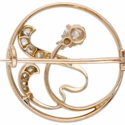 14 kt. Roségouden antieke broche bezet met ca. 0.22 ct. diamant.