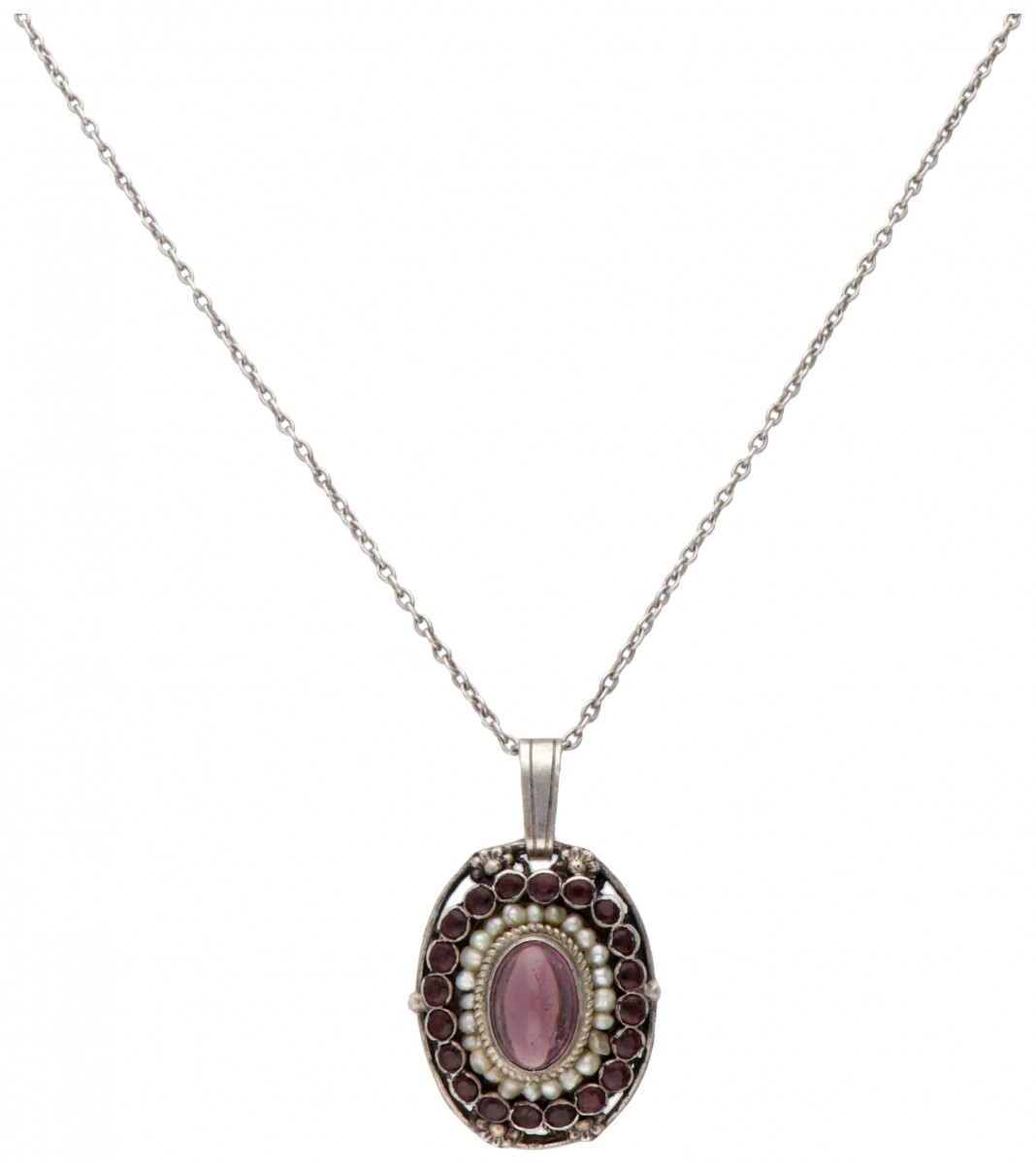 835 Zilveren collier met vintage hanger bezet met glasgranaten en zaadparels.